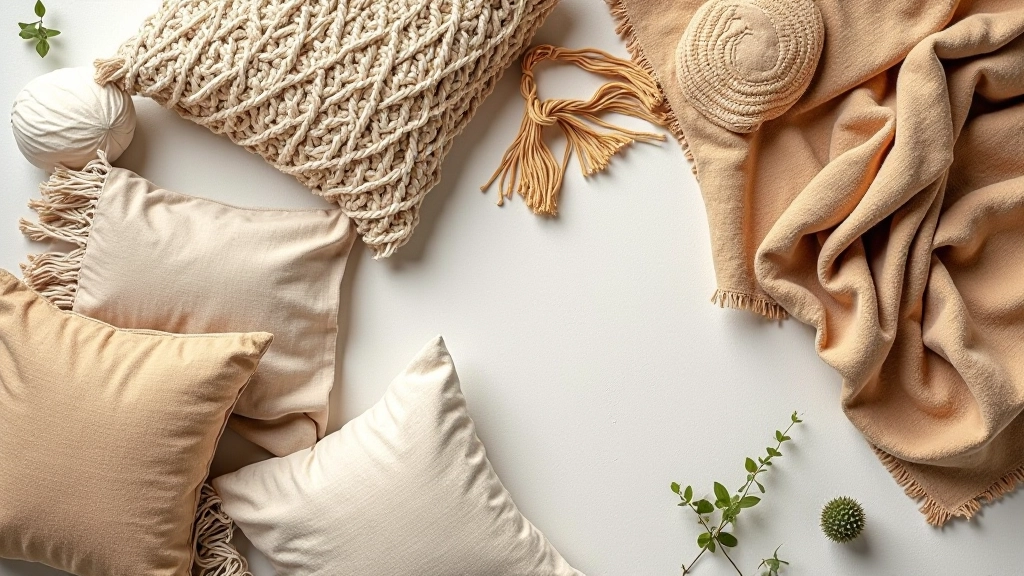 Accumulation de textiles bohèmes : tapis macramé, plaids et coussins en fibres naturelles