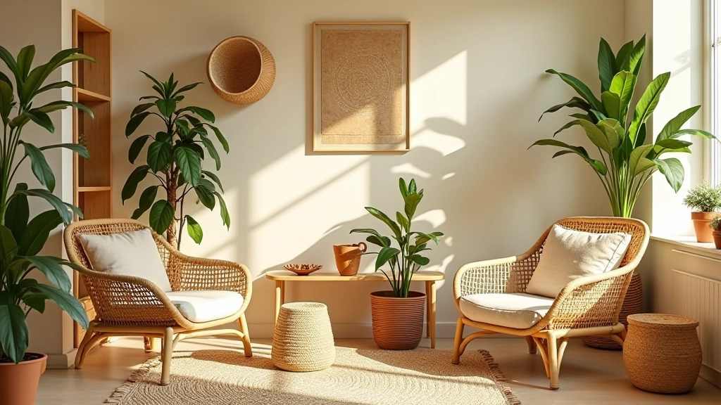Espace de décoration bohème avec fibres naturelles et plantes vertes dans une maison chaleureuse