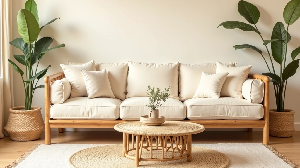 Mobilier bohème en bois naturel avec canapé beige et table basse rotin