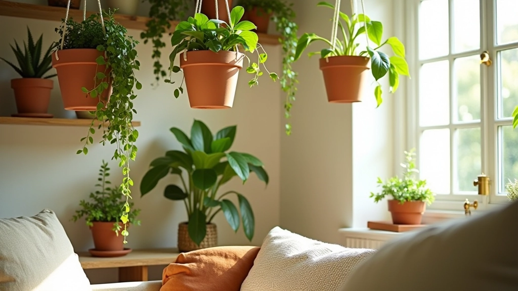 Arrangement de plantes suspendues et au sol dans pots terracotta naturel, salon bohème avec lumière douce