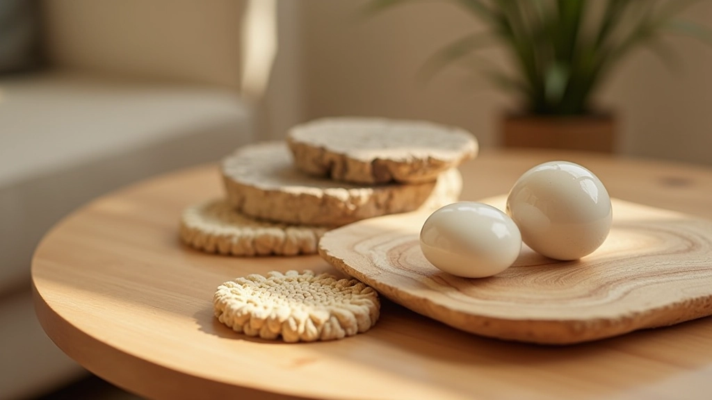 Détail de mobilier bohème: table basse en bois naturel avec verres et accessoires en pierre