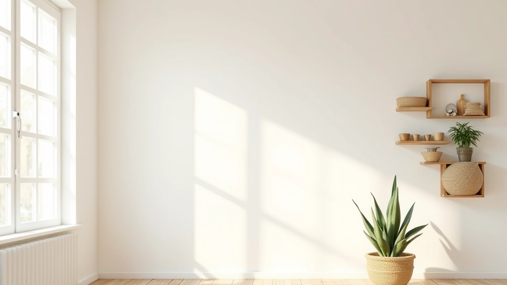 Mur blanc cassé avec cadres en bois naturel et étagères en jute, ambiance épurée bohème