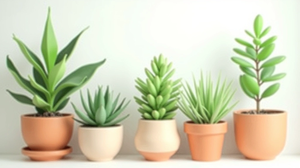 Sélection de plantes d'intérieur variées, pots en terre et en céramique, feuillage vert et motifs naturels