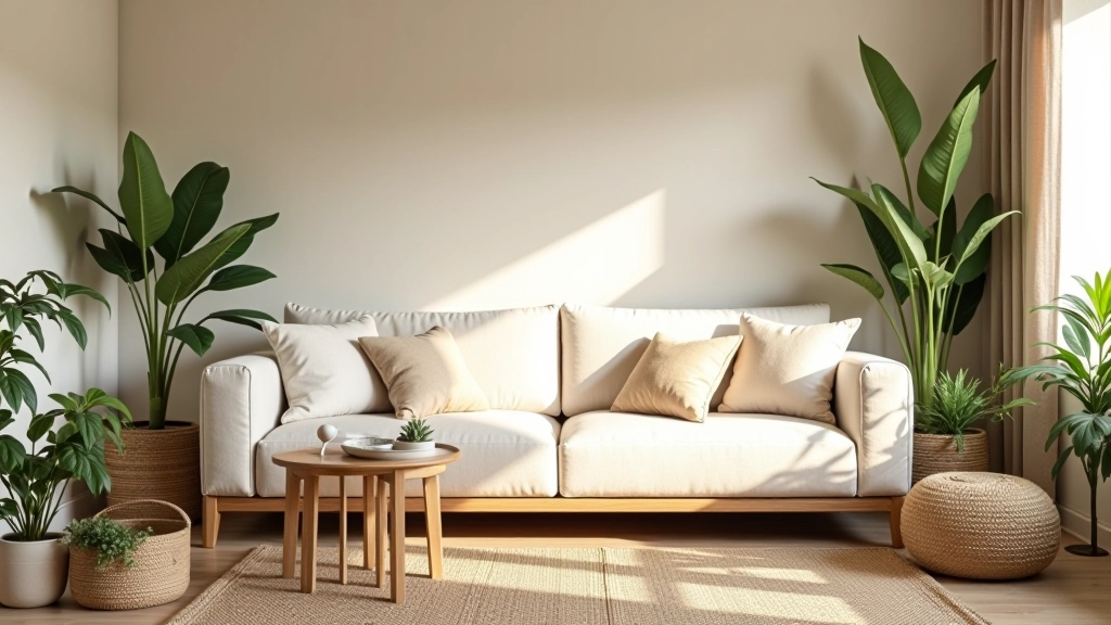 Vue complète d'un salon bohème équilibré avec canapé lin, plantes, accessoires naturels et lumière chaude