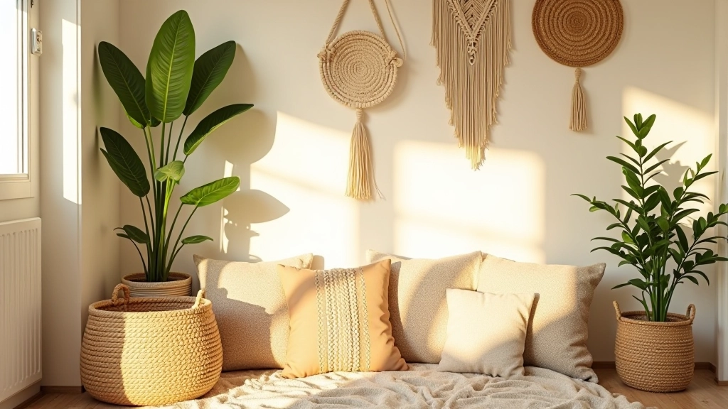Espace bohème avec plantes et textiles naturels