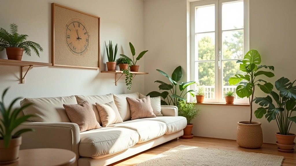 Coin de salon bohème avec plantes vertes, luminosité naturelle douce, feuillage en relief