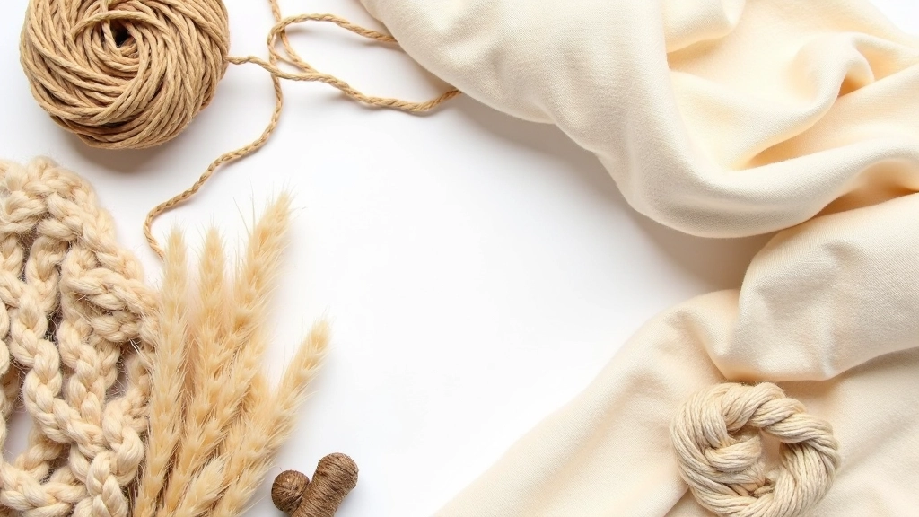 Assortiment de fibres naturelles brutes — lin brut, jute tissé, et corde en sisal, disposées en composition créative