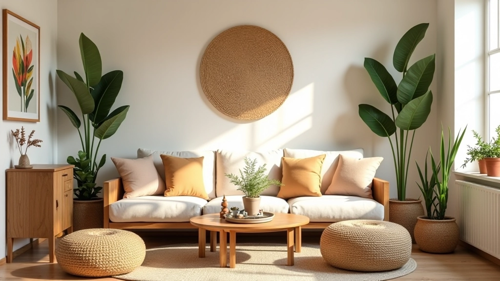 Coin bohème complet avec mobilier naturel, tapis, plantes et accessoires décorés