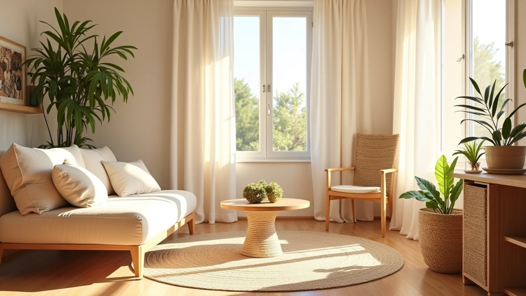 Salon bohème aménagé avec tapis en jute naturel, rideaux lin crème, coussins en coton multicolores, panier en sisal pour le rangement