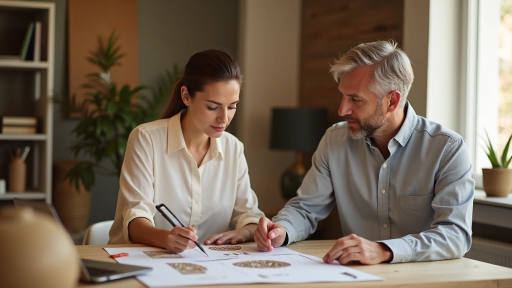 Designer d'intérieur bohème en consultation avec clients dans un salon naturel