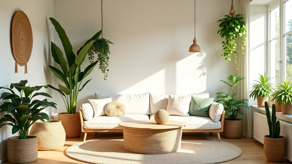 Salon bohème avec plantes suspendues et tissus naturels en fibres
