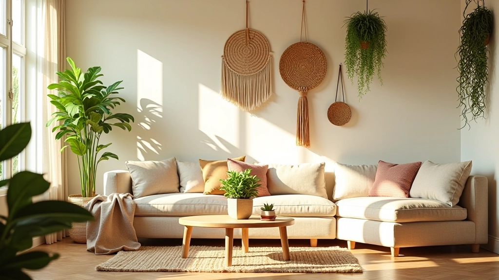 Intérieur bohème avec plantes vertes suspendues et fibres naturelles dans salon lumineux