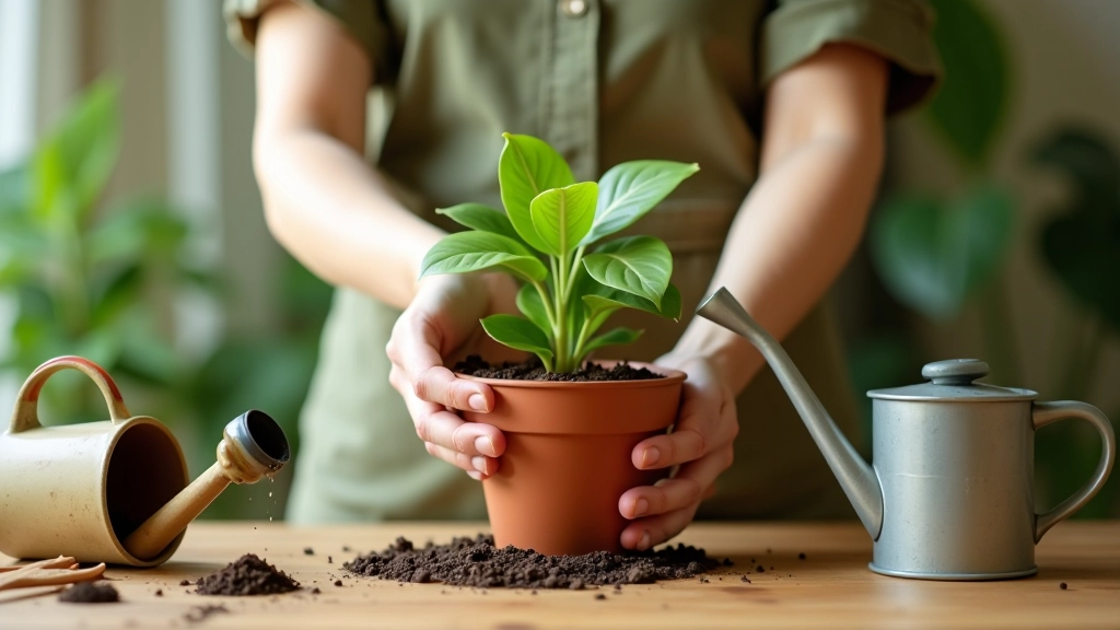 Mains qui soignent une plante, arrosoir en céramique, outils de jardinage, terreau naturel sur table