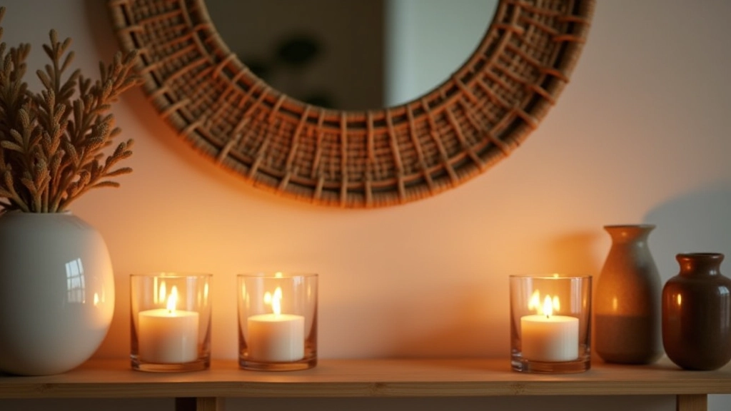 Accessoires bohèmes : bougies, miroir rotin, céramiques artisanales sur étagère