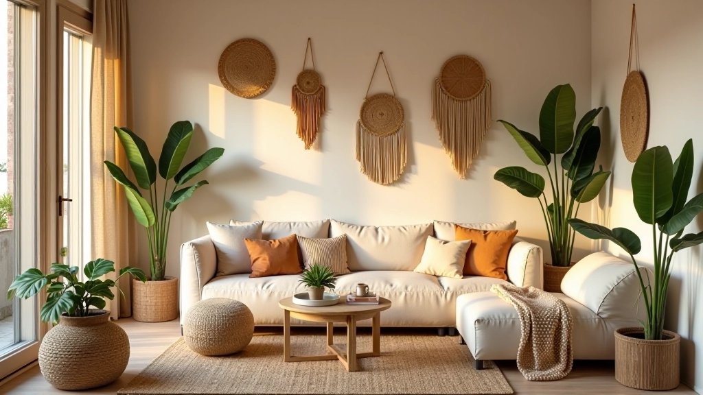 Intérieur bohème complètement aménagé avec fibres naturelles, plantes suspendues et décoration méditerranéenne