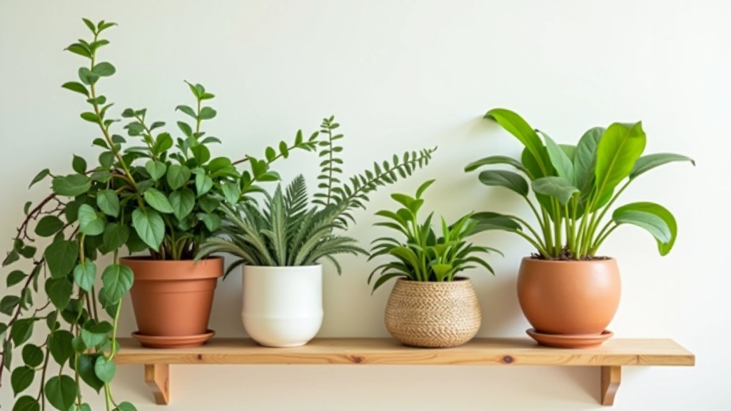 Composition de plantes groupées sur étagère murale, pots variés, feuillage retombant et érigé, lumière douce