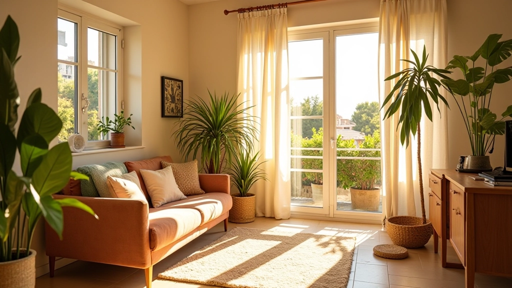Intérieur ensoleillé d'un appartement marseillais avec décoration bohème naturelle et plantes