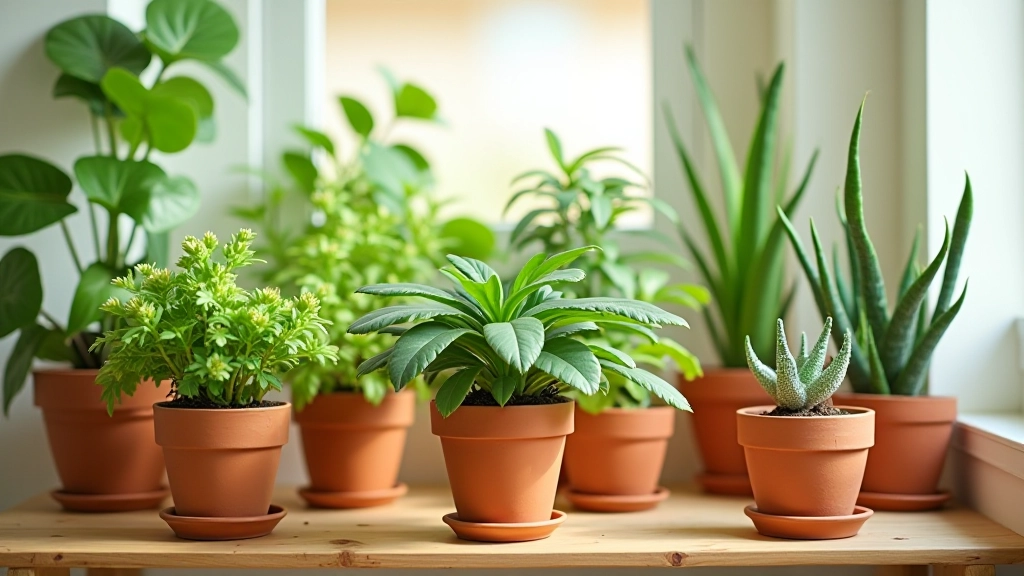 Plantes vertes variées dans des pots en terre cuite sur étagère en bois naturel