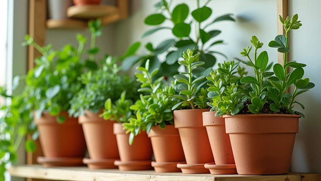 Plantes vertes variées en pots en terre cuite sur étagère en bois
